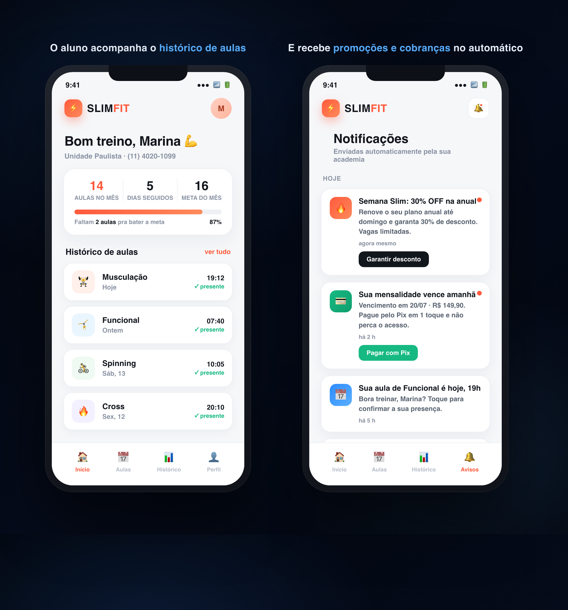 Exemplo do app da academia, com histórico de aulas e notificações